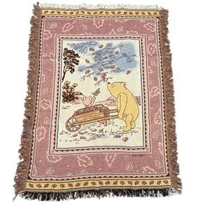 Disney Winnie the Pooh Piglet Autumn Leaves Woven Tapestry Throw Blanket Fringe
